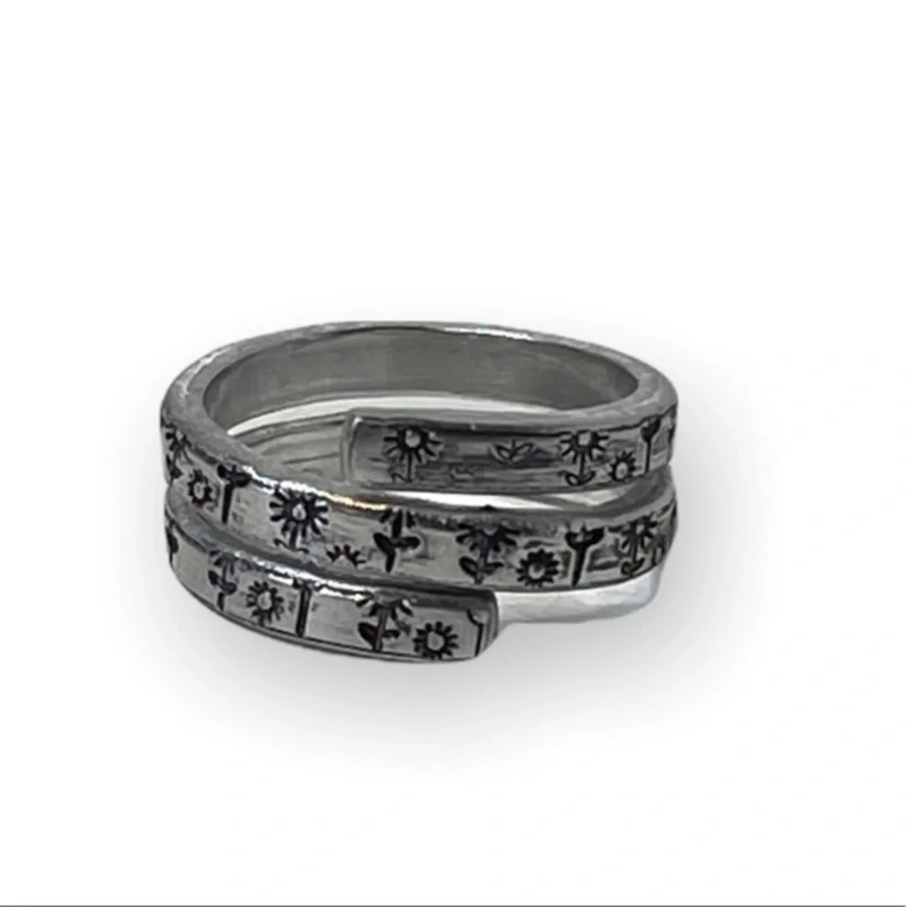Handmade 8‎ stamped flower pattern silver adjustable hypoallergenic wrap ring